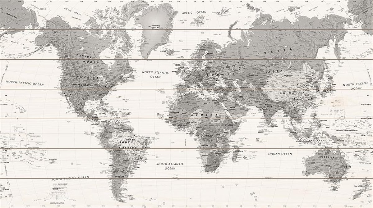 Houten Wereldkaart Zwart-Wit | 105cm x 60cm| Rustieke Wereldkaart | Met 100 gratis vlaggetjes